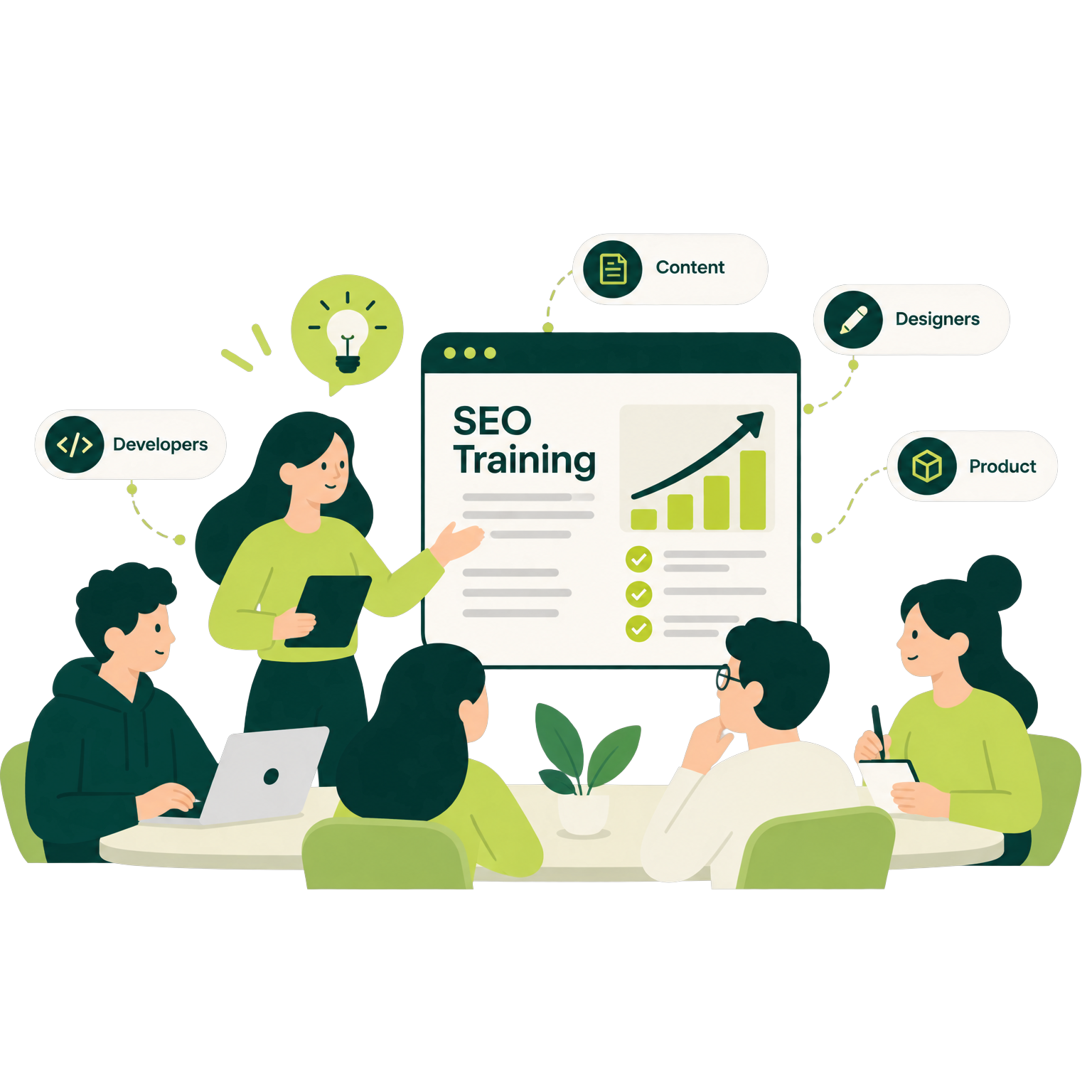 Illustration of a team workshop around a table, with a trainer presenting an SEO Training slide to developers, content writers, designers and product colleagues.
