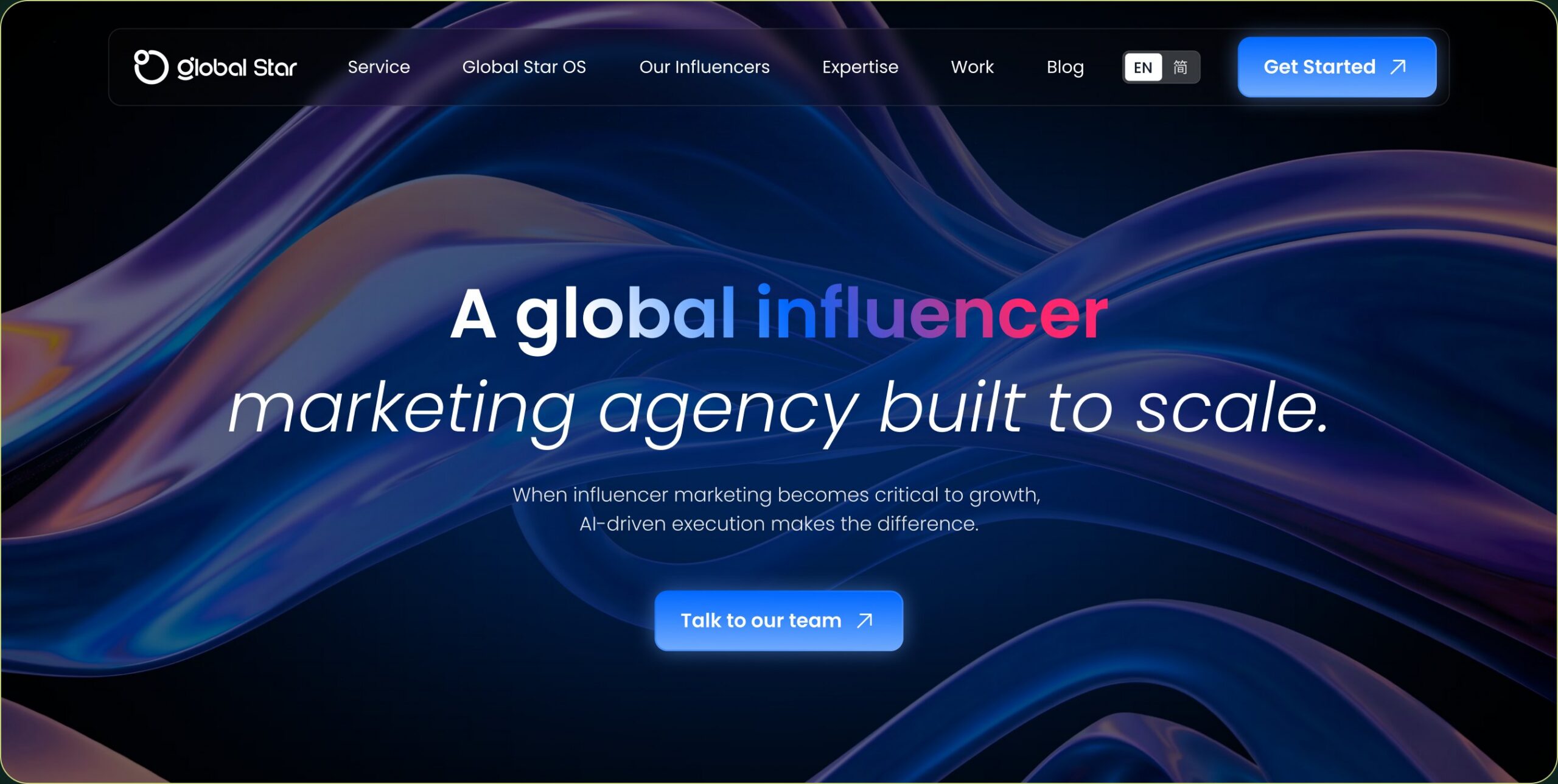 Global Star Digital's new website homepage, headed A global influencer marketing agency built to scale