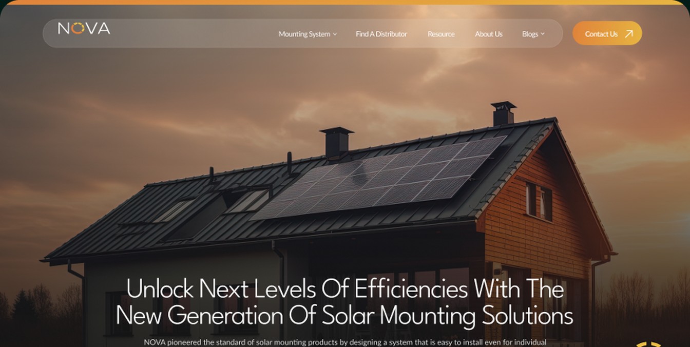 Nova Mounting's new website homepage, headed Unlock Next Levels Of Efficiencies With The New Generation Of Solar Mounting Solutions