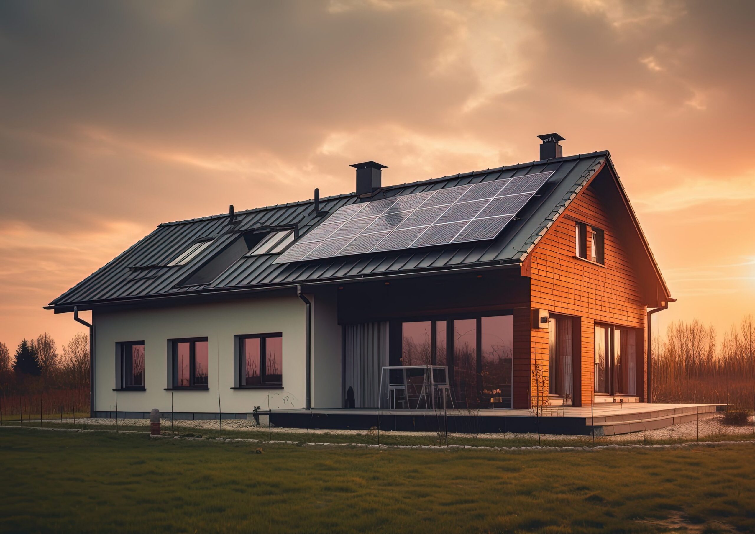 A house with a solar-panelled roof at sunset