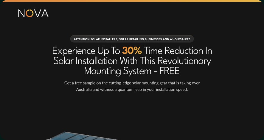 Nova Mounting's new website: the section Experience Up To 30% Time Reduction In Solar Installation With This Revolutionary Mounting System - FREE