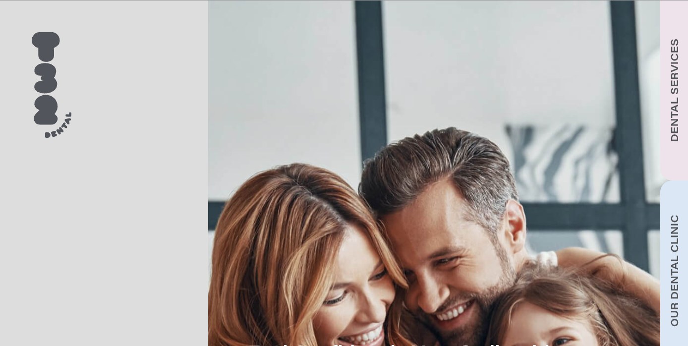 T32 Dental's previous website homepage, a family laughing together beside a vertical menu