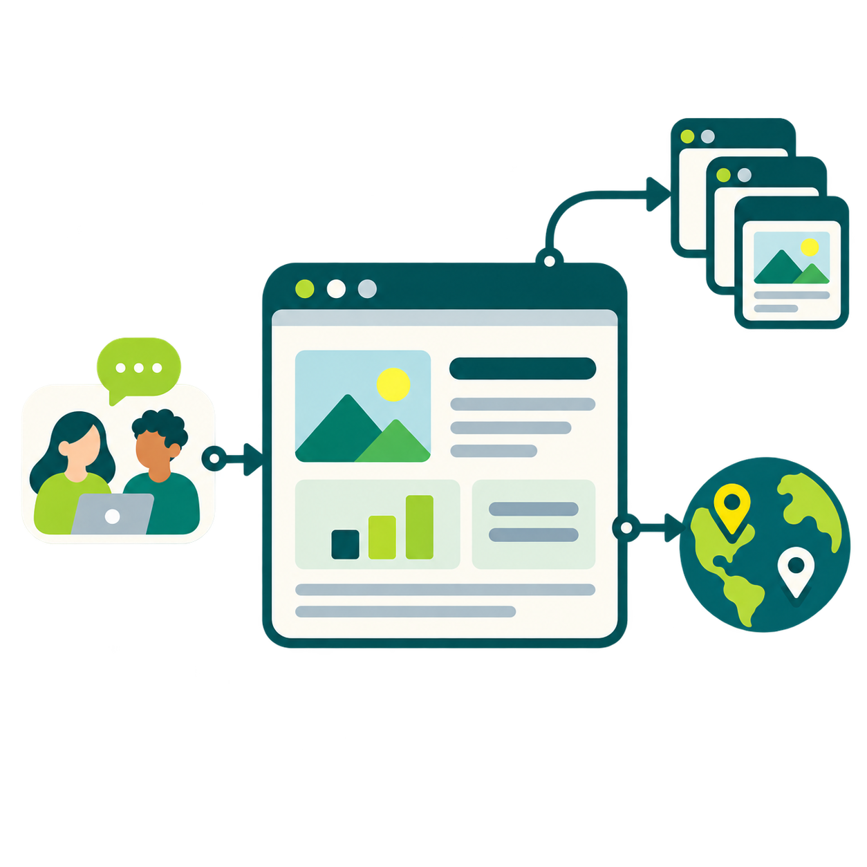 Illustration: a team briefs a web page that feeds a stack of pages and a globe, showing SEO at enterprise scale.