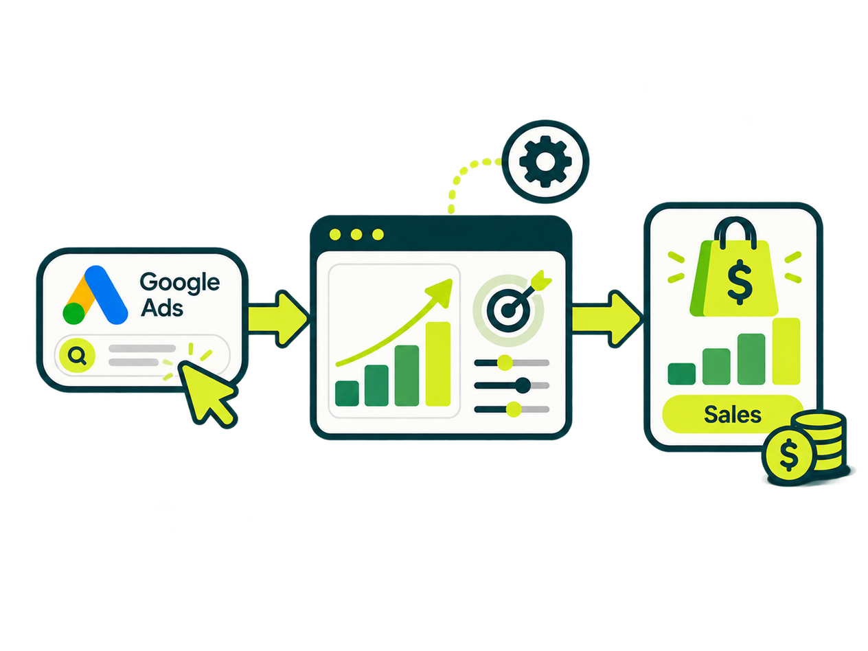 A Google Ads search box leading into a performance dashboard with targeting controls, then into a shopping bag marked Sales.