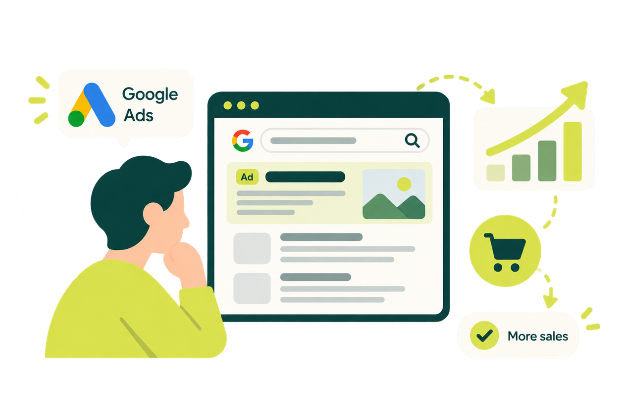 A person studying a Google search results page with a Google Ads listing, beside a rising chart, a shopping cart and a 'More sales' badge.