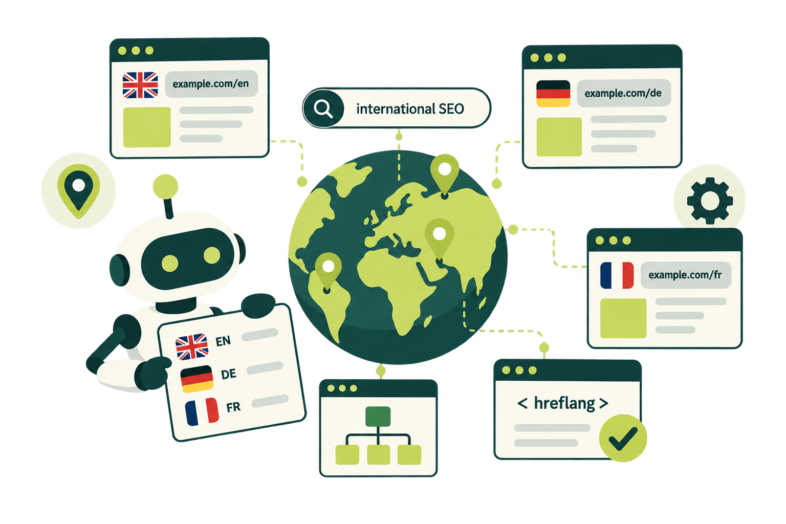 A globe linked to English, German and French web pages, with a search for international SEO, a checked hreflang tag and a robot holding the three flags