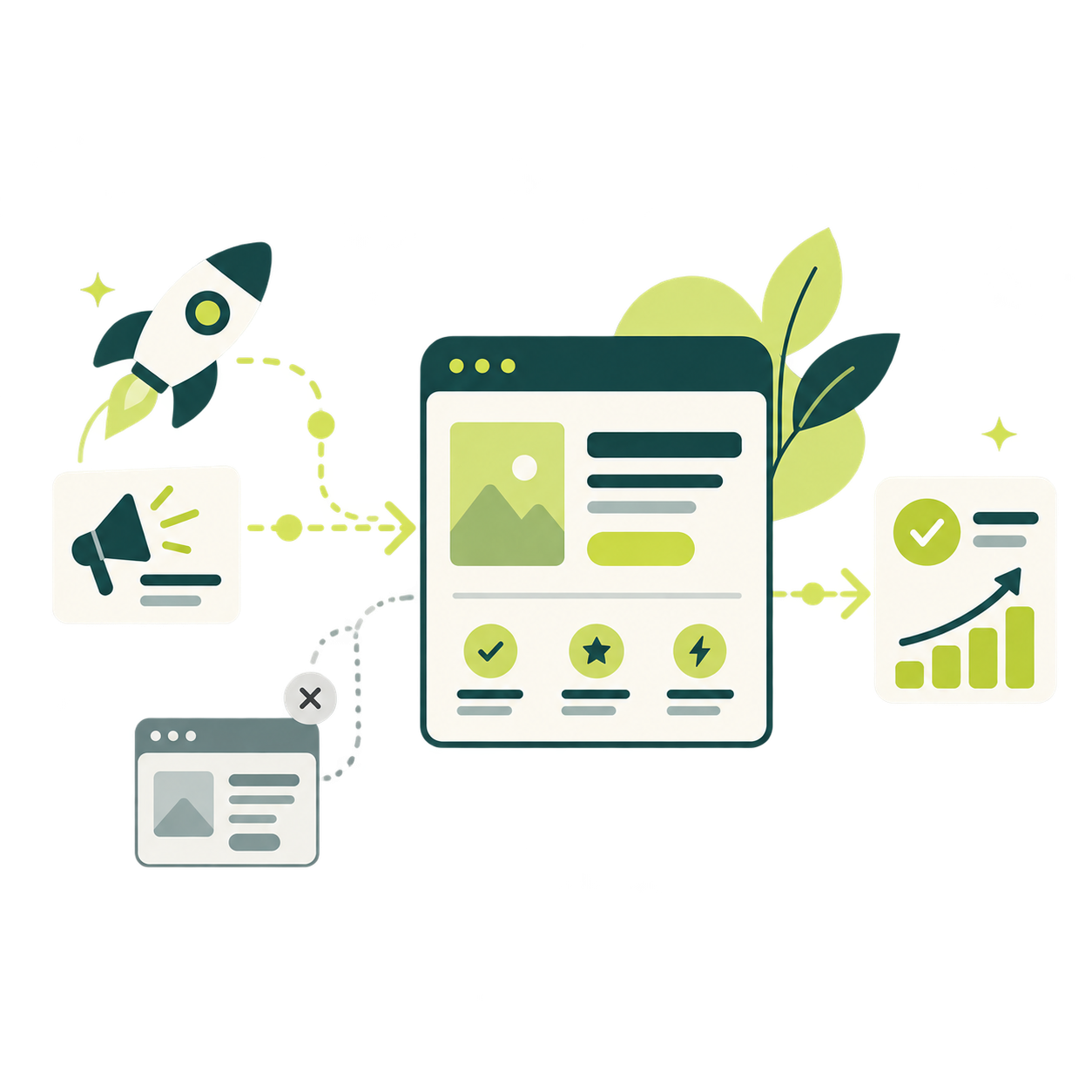 Illustration: a new campaign launches straight to a page built for it, and the results climb.