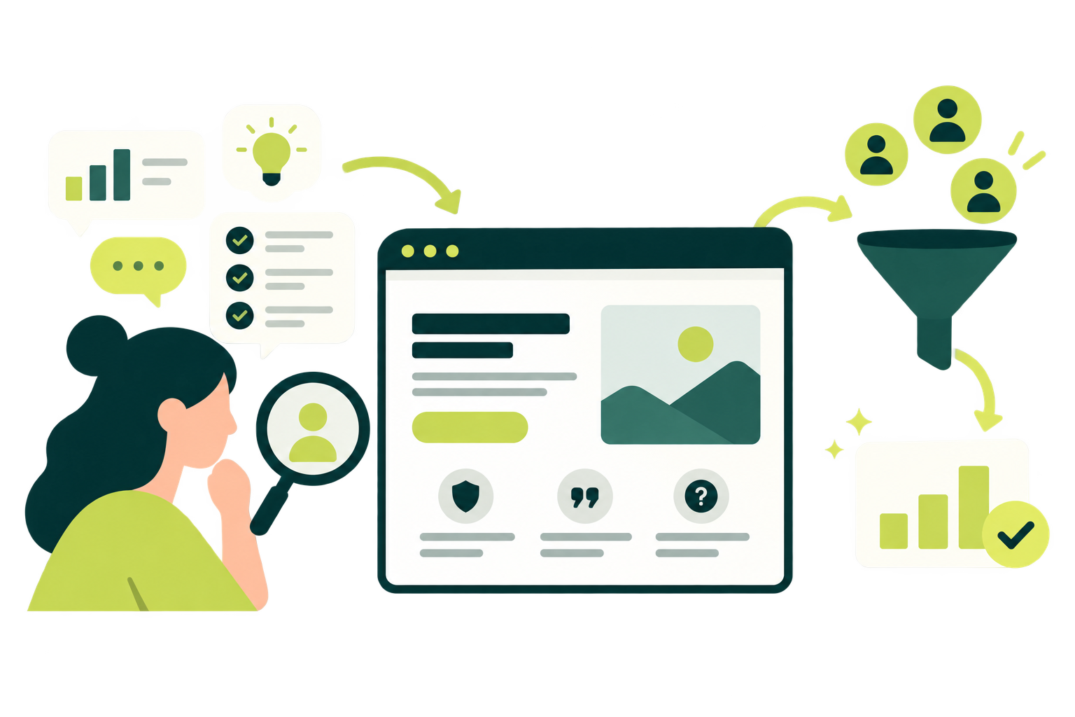 Illustration: research into the audience shapes a page that funnels visitors into results.