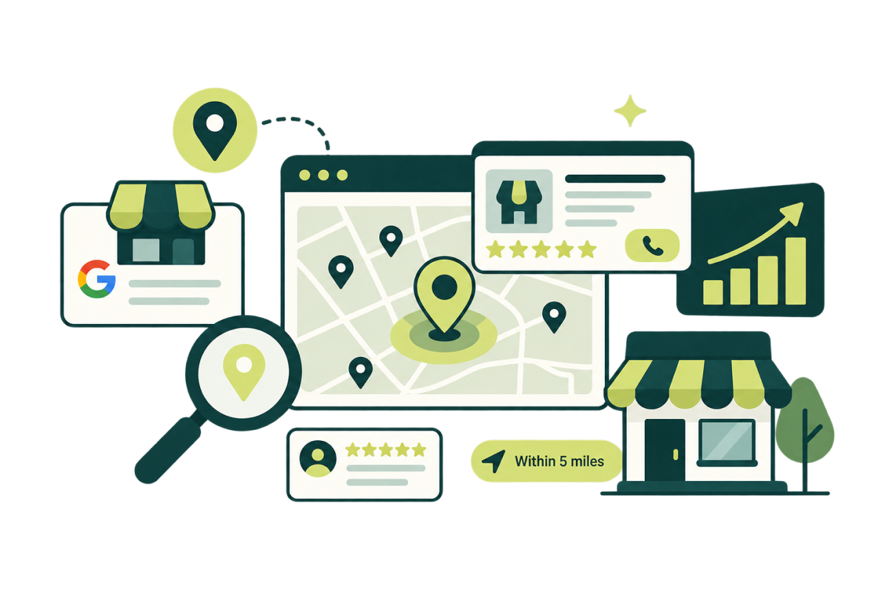 Illustration: a map with a pin, a Google listing, five-star reviews, a Within 5 miles search and a growth chart lead local customers to a shopfront.