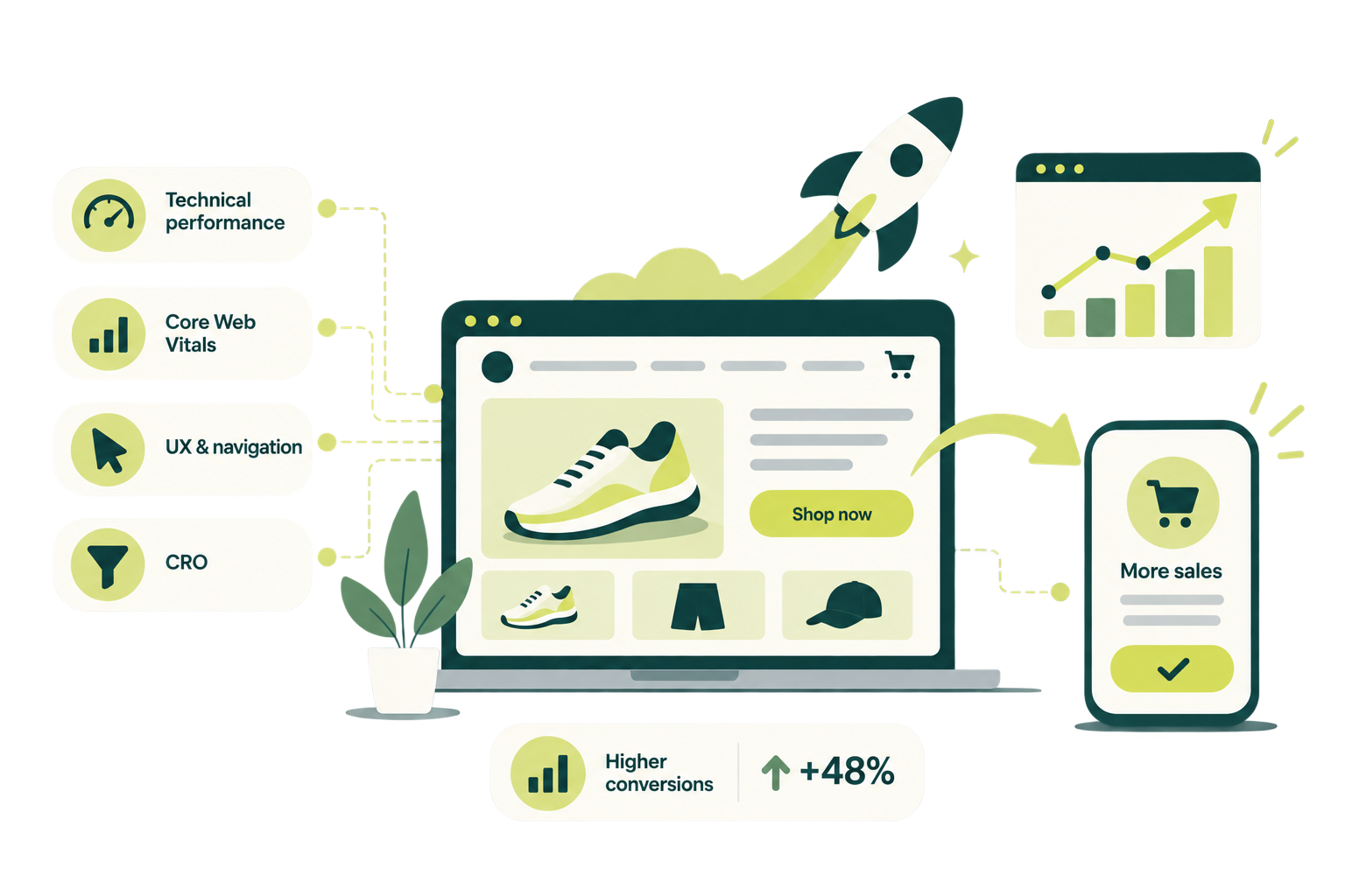 Illustration: technical performance, Core Web Vitals, UX and CRO lift a store to higher conversions.
