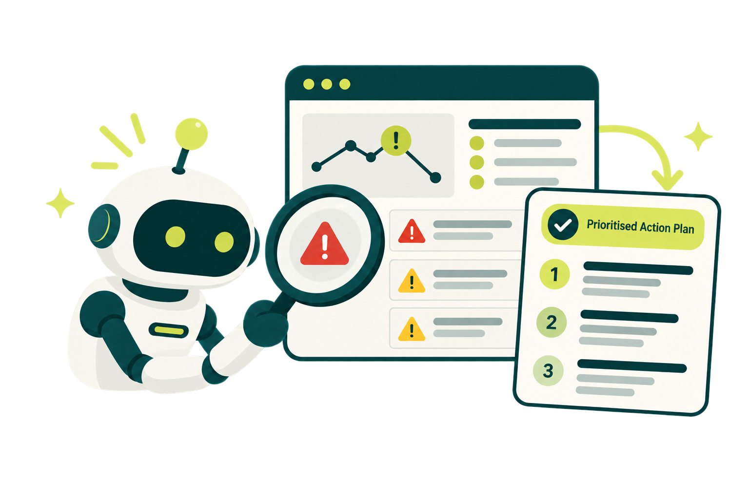 A robot with a magnifying glass reviews a website audit that lists warnings, next to a numbered Prioritised Action Plan.