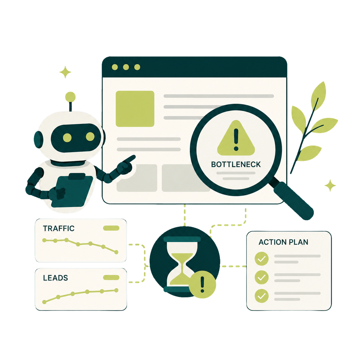A robot holding a clipboard studies a website through a magnifying glass that flags a bottleneck, beside traffic and leads charts, an hourglass and an action plan checklist.