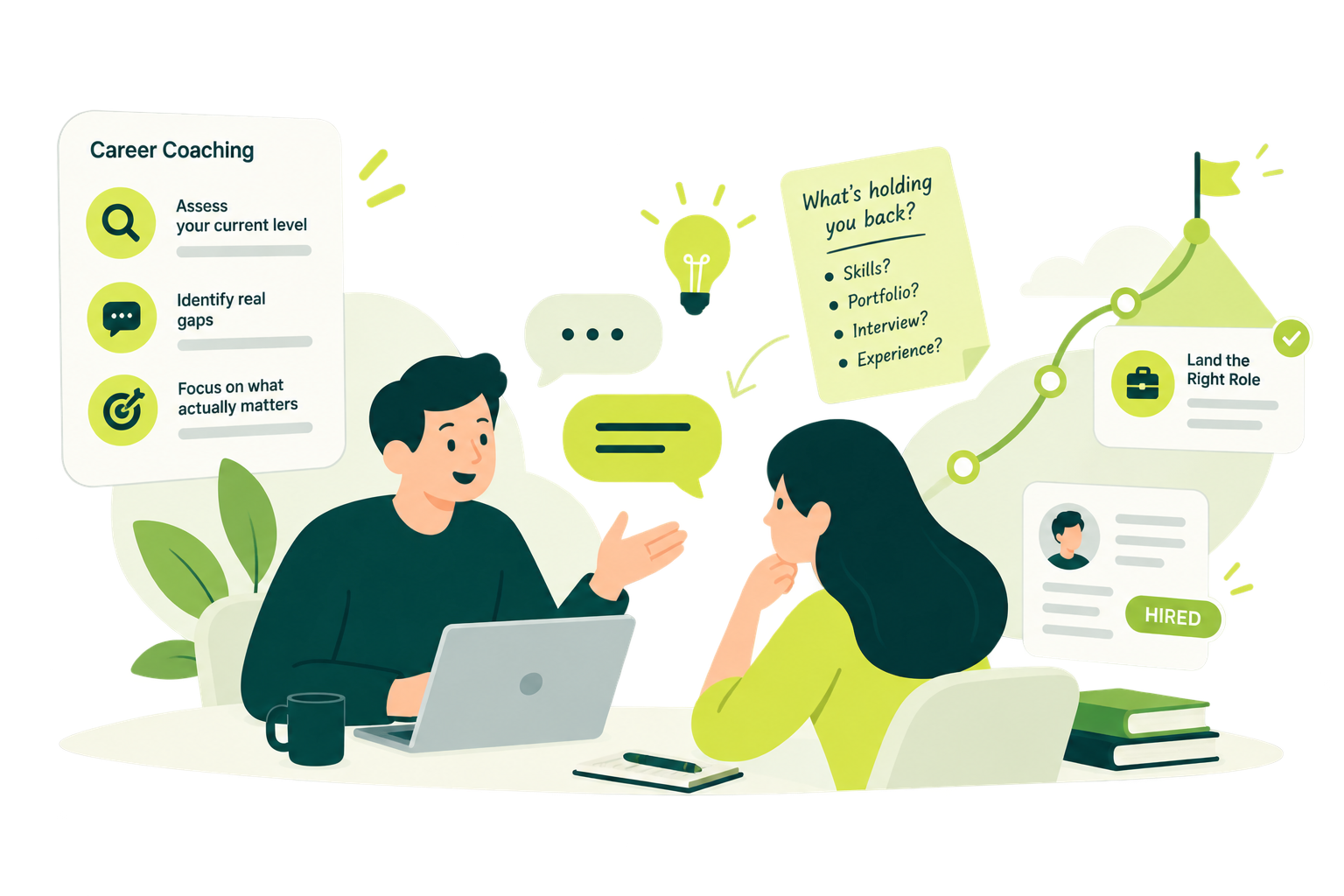 A career coach and a job seeker at a table with a career coaching checklist, a note on what is holding you back and a card for landing the right role