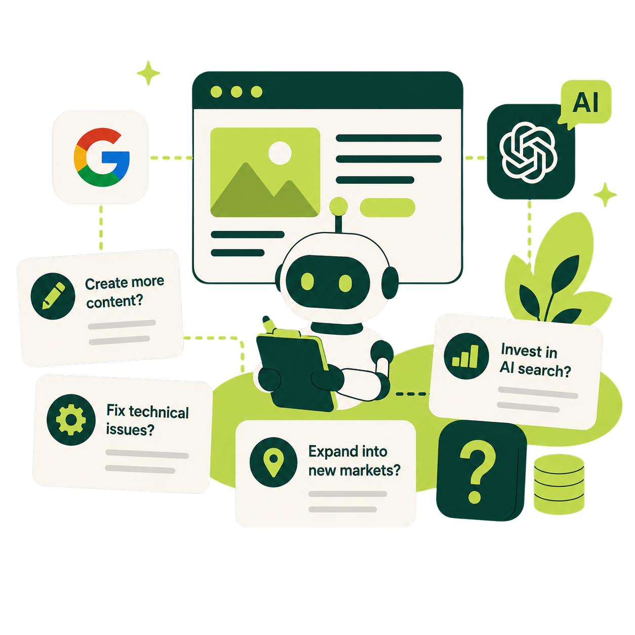Illustration: an SEO consultant works through the questions most businesses ask, such as creating more content, fixing technical issues, expanding into new markets and investing in AI search.