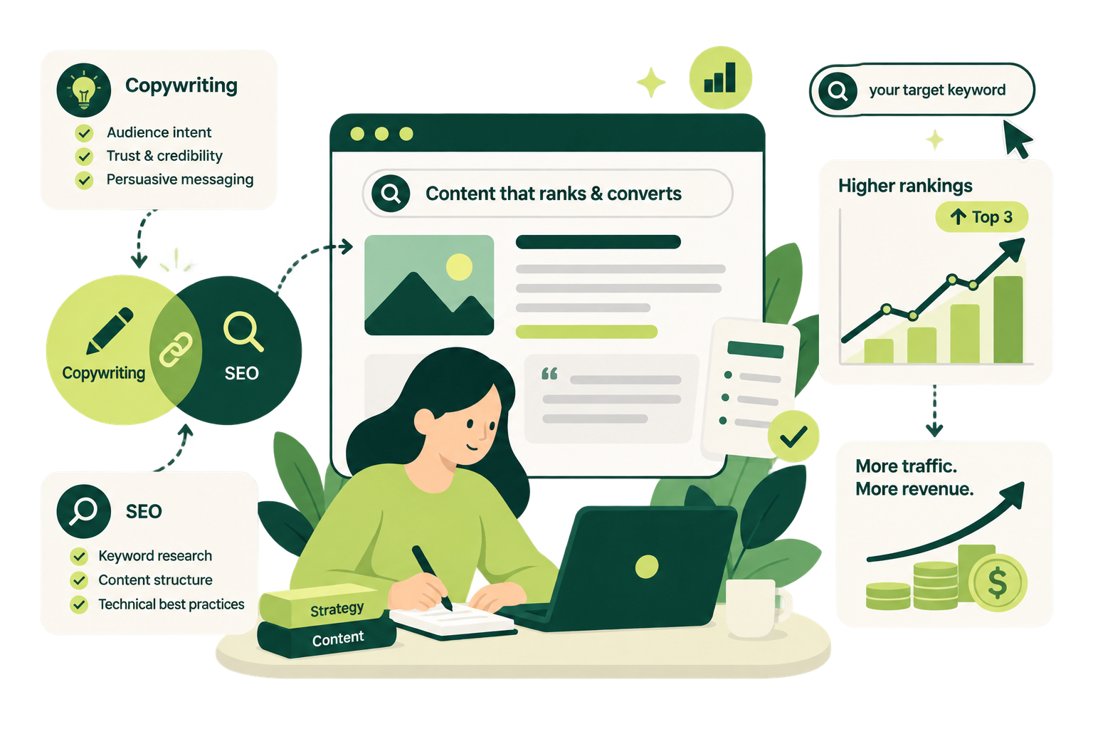 Illustration: a copywriter writes content that brings SEO and copywriting together, for higher rankings and more revenue.