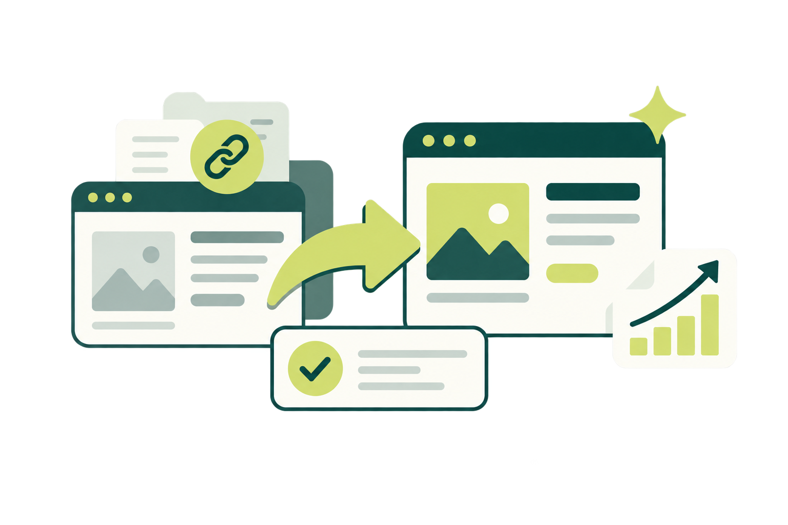 Illustration: a page and its links move across to a new site, checked with a tick and followed by a rising traffic chart.