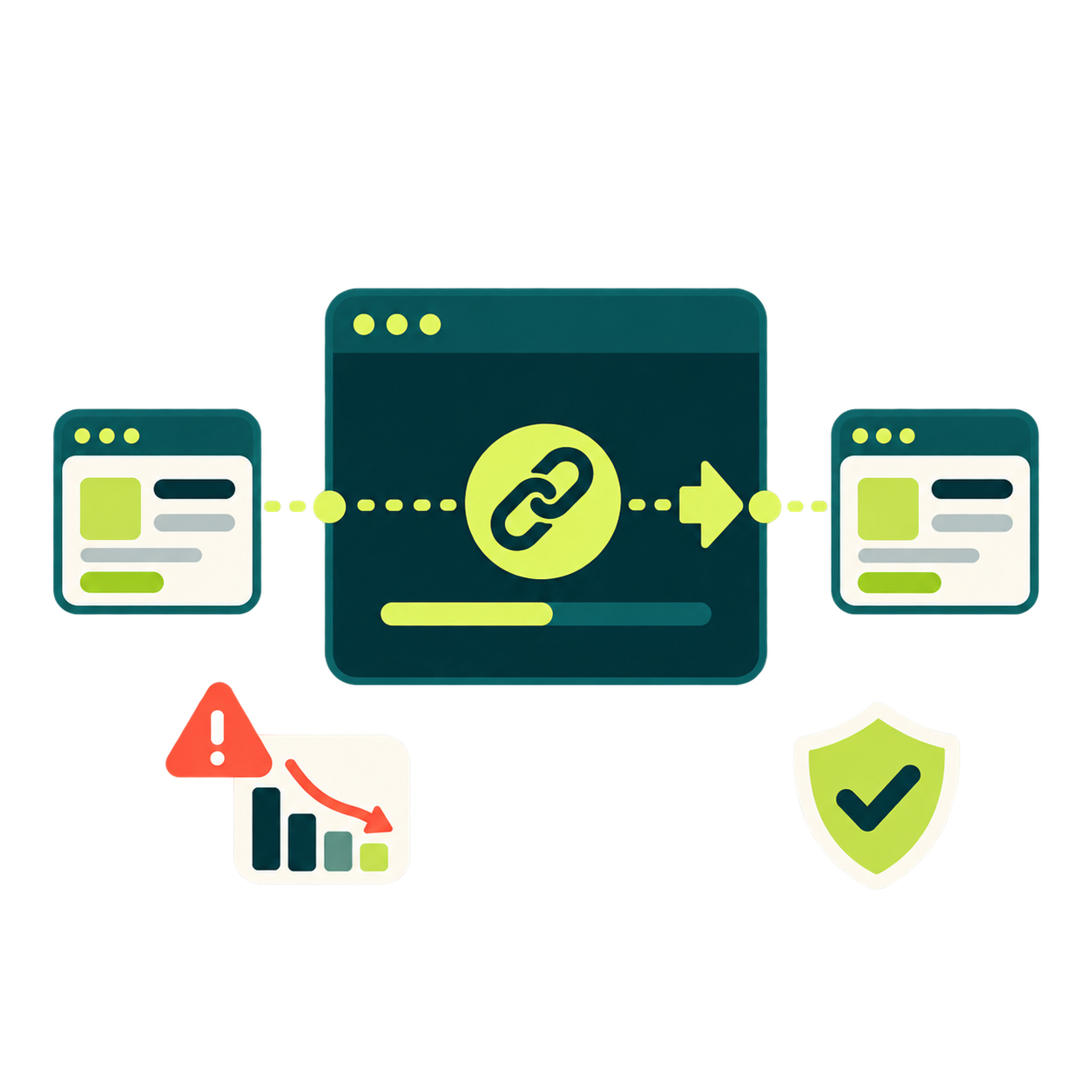 Illustration: an old page, with a warning and a falling traffic chart, is redirected to its new page, and a shield with a tick marks the rankings kept safe.