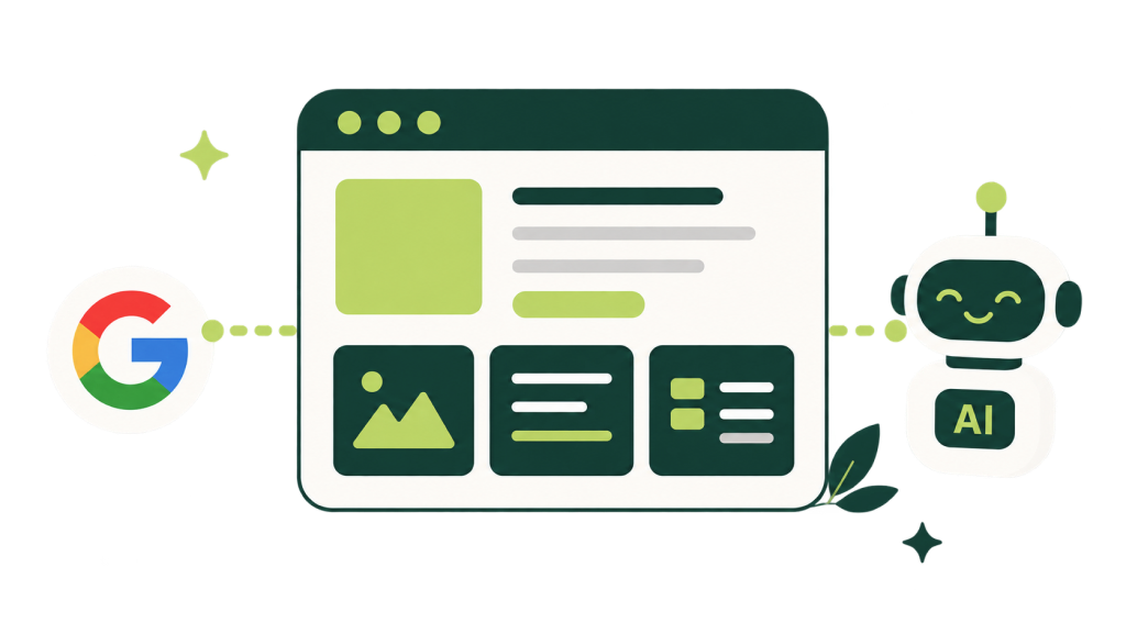 A website page with a dotted line to the Google logo on the left and to a smiling AI robot on the right.