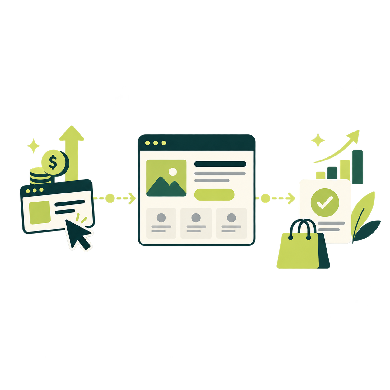 Illustration: ad clicks land on a page built to convert, and that page turns visitors into customers and growing sales.