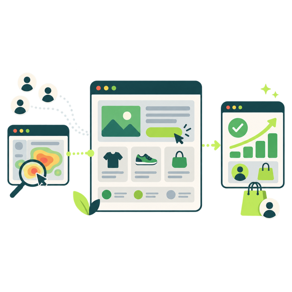 Illustration: heatmaps and visitor behaviour show where people drop off, and a better page turns them into customers and growing results.