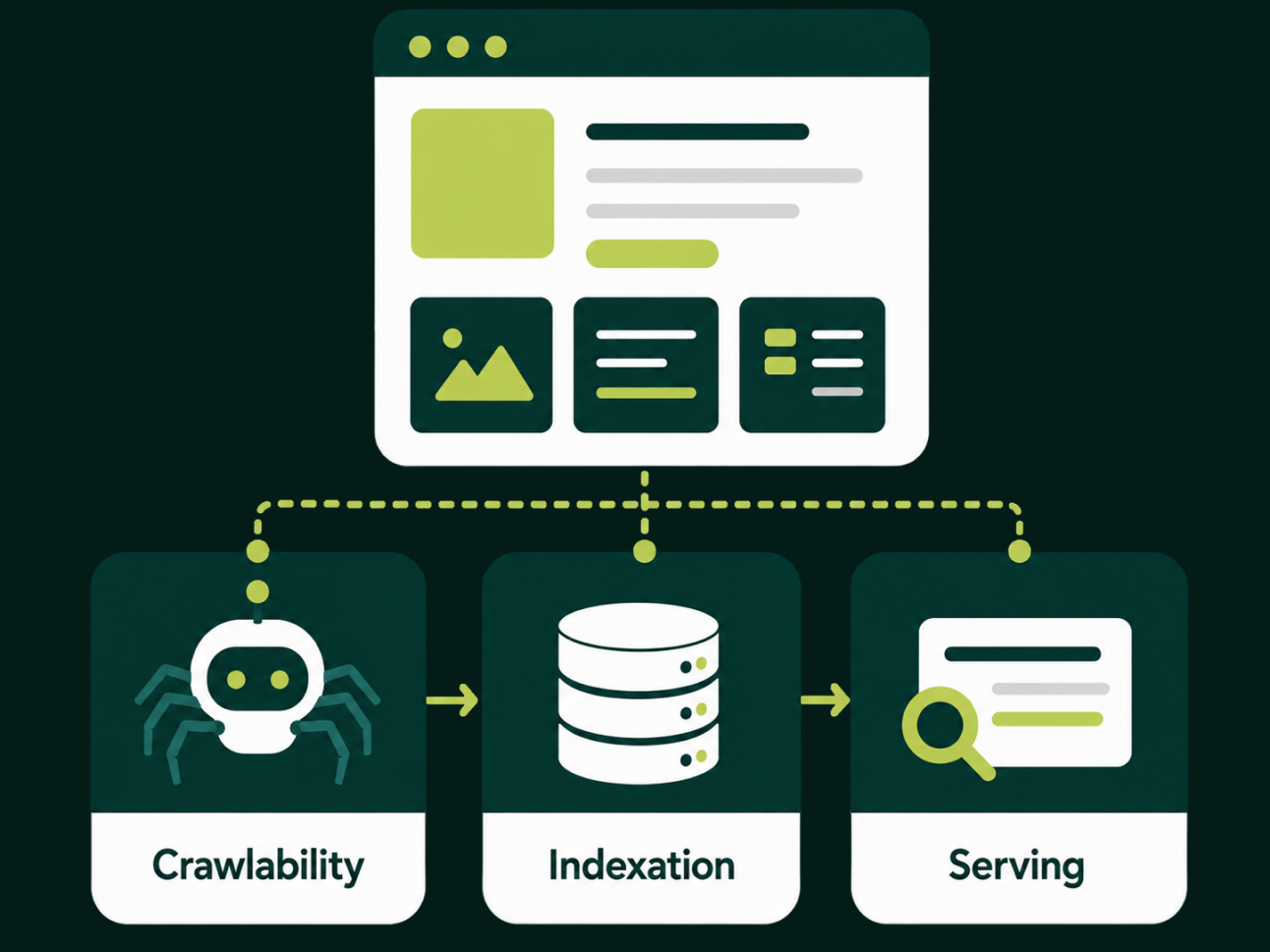 A website page connected by dotted lines to three stages: Crawlability, Indexation and Serving.