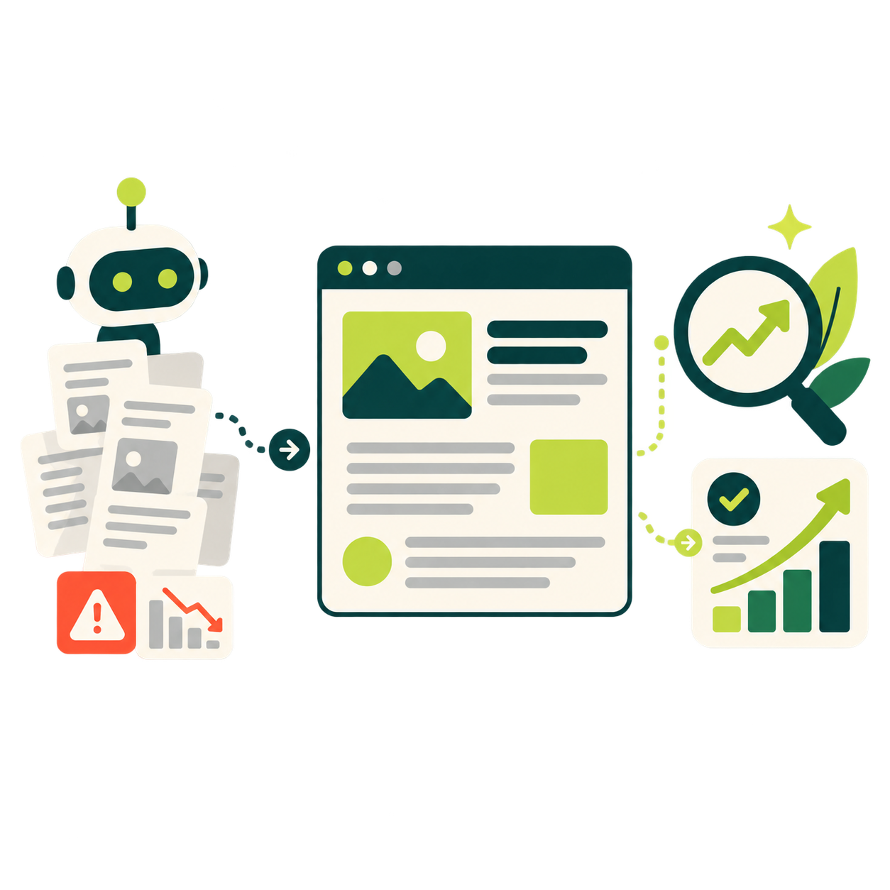 Illustration: a robot with a pile of low-quality articles and a warning sign, an arrow to a well-built web page, and a magnifying glass over a growth chart