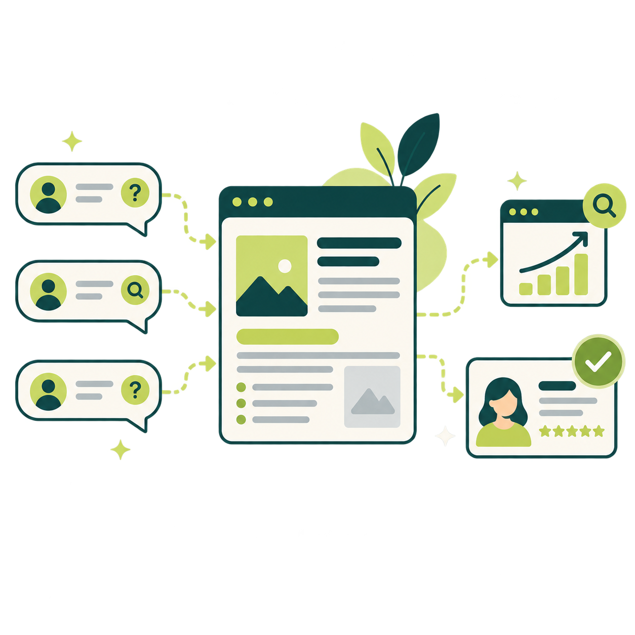Illustration: customers asking questions in speech bubbles, arrows to a web page, and results showing a growth chart and a five-star review