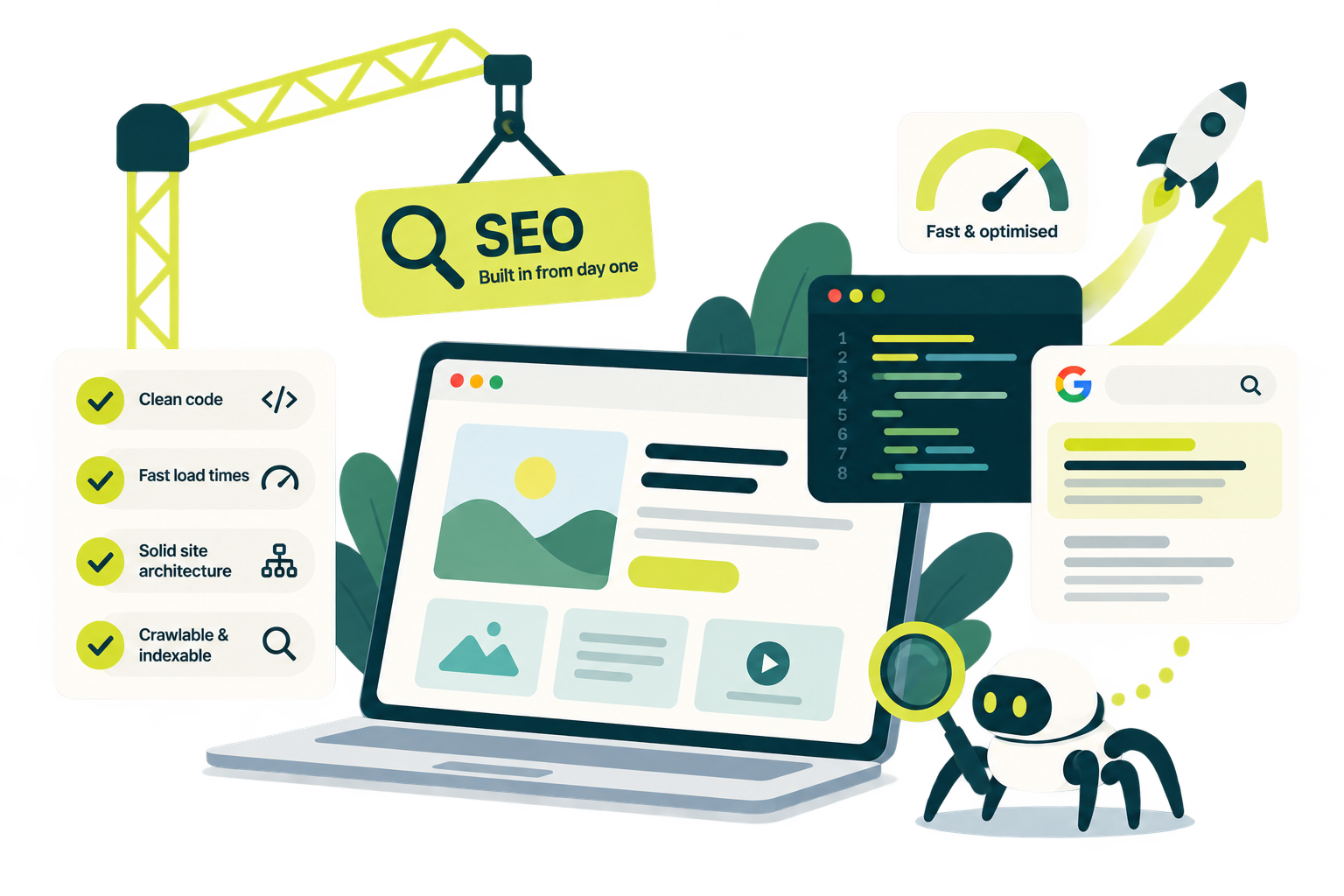 Illustration: a website is built with SEO in from day one -- clean code, fast load times and a solid architecture.